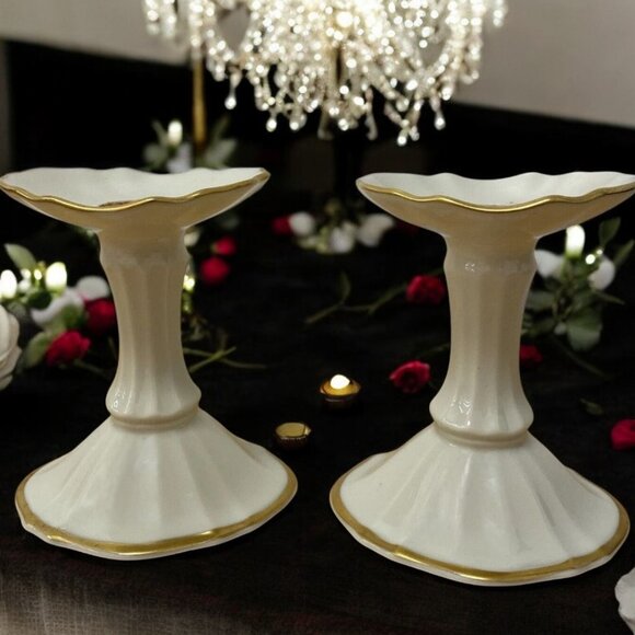 Set-2 Lenox Symphony Candle Holders Ivory China w/Gold Trim 1980's Made in USA - Picture 2 of 11